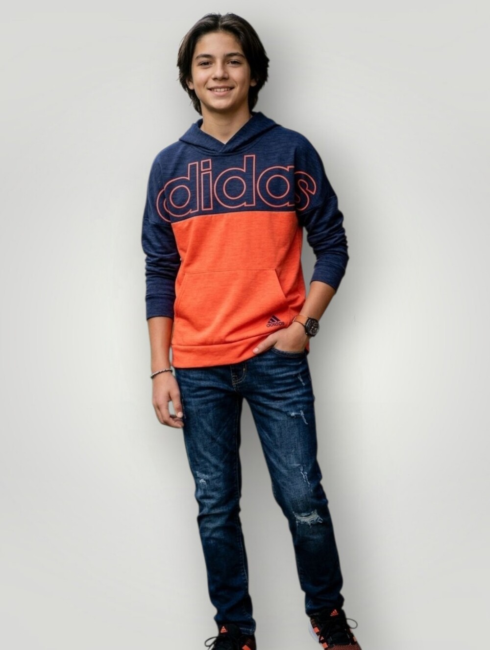 Adidas Youth Colorblock Hoodie Navy Orange Large 14/16 Logo Pullover Athletic
